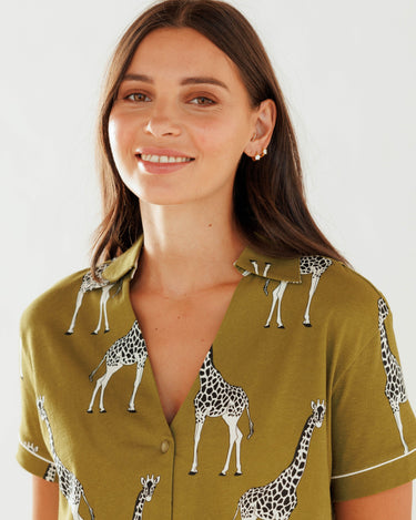 Maternity Khaki Giraffe Button Up V-Neck Short Pyjama Set